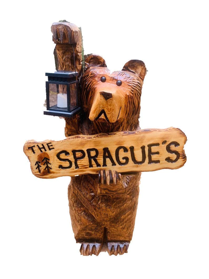 3ft cedar bear chainsaw carving with personalized sign - WoodArtSupply