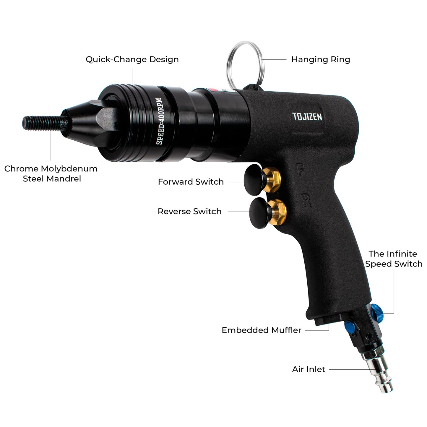 TOJIZEN Pneumatic Rivet Nut Gun Kit - 1/4, 5/16 & 3/8 inch Gun Heads - Air Powered Rivet Nut Tool Set for Rivnut, Nutsert, Threaded Insert, and More - WoodArtSupply