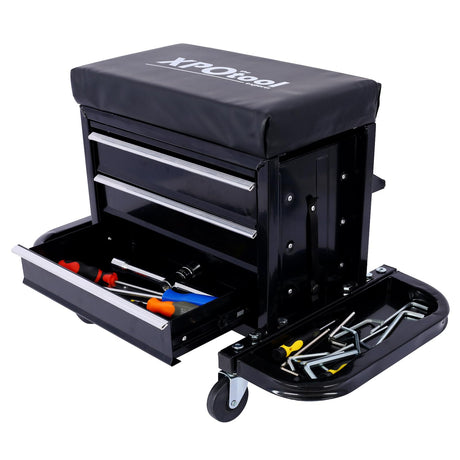 AMZOSS 3-Drawer Rolling Tool Chest Seat Garage Glider Mechanic Stool with Magnetic Side Trays, Heavy Duty Rolling Tool Box for Warehouse, Workshop, AMZOSS