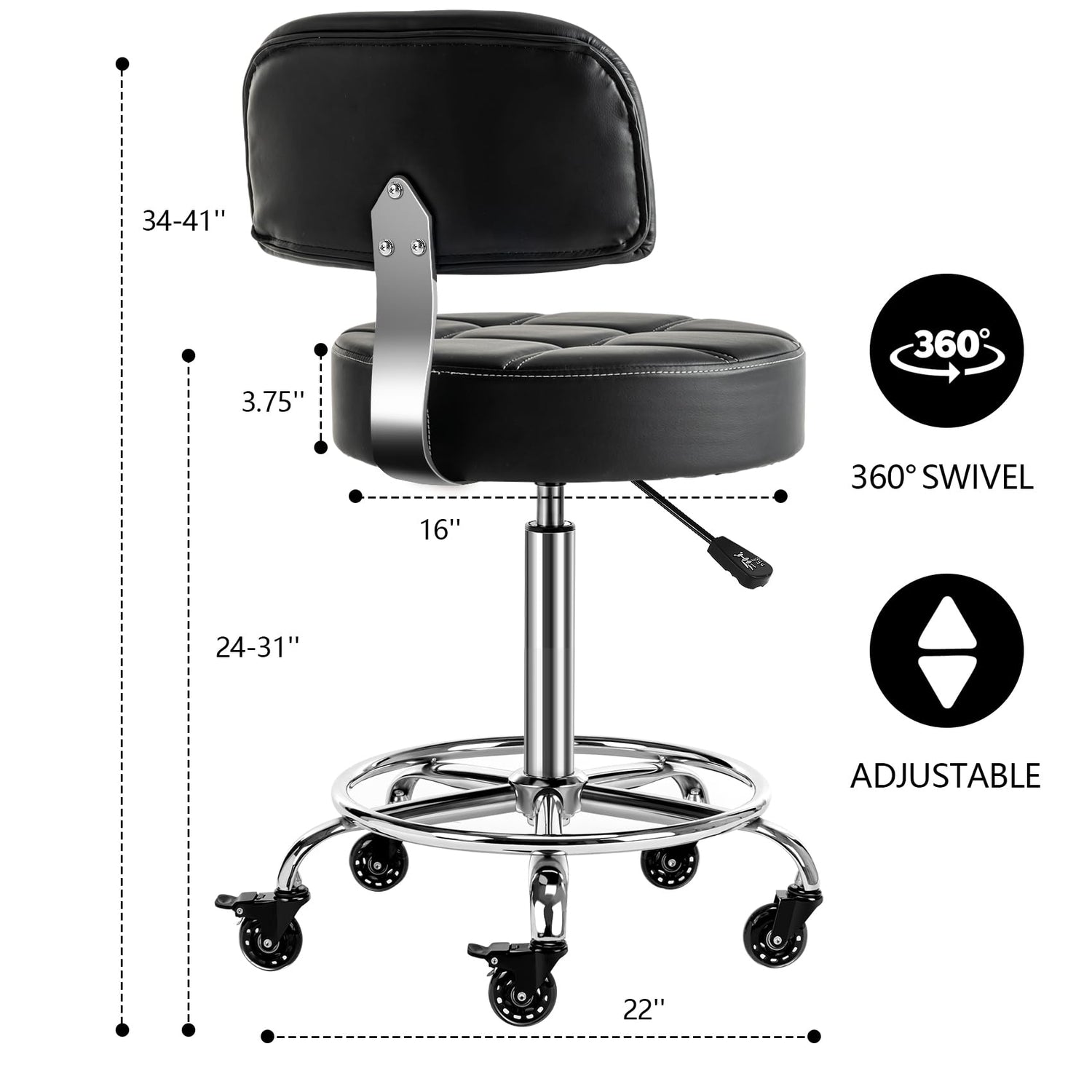 CoVibrant Lockable Stool with Back and Foot Rest Ergonomic Rolling Hydraulic Adjustable Stool for Doctor Esthetician Artist Home Small Office Desk CoVibrant