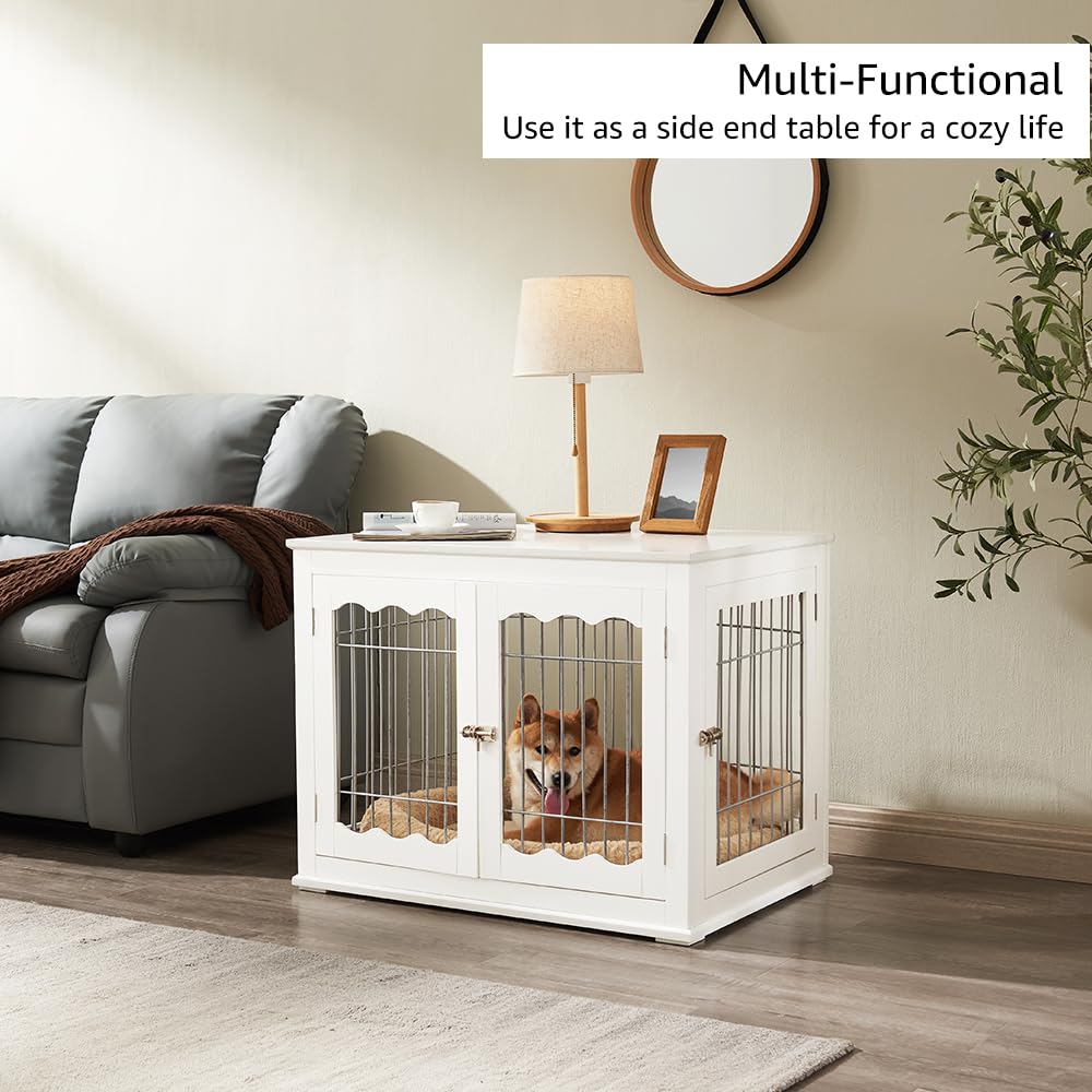 unipaws Furniture Style White Dog Crate for Medium Dogs, Indoor Aesthetic Puppy Kennel, Modern Decorative Wood Wire Pet House Dog Cage, Pretty Cute - WoodArtSupply