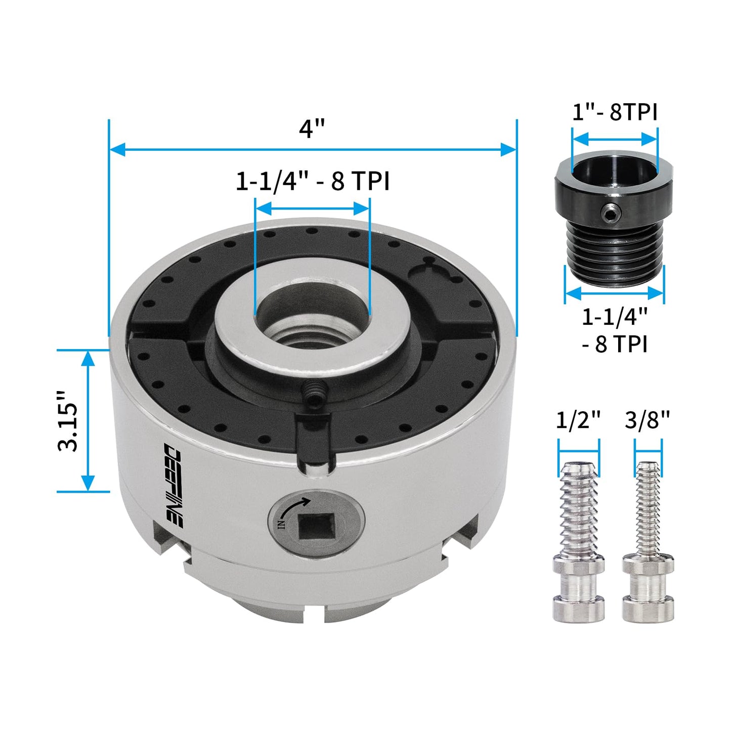 DEEFIINE 4 Inch Wood Lathe Chuck Set 1-1/4“x 8tpi Thread and 1"x8tpi Adapter, Nickel Plated Self Centering 4 Jaw Wood Turning Chuck set(5 jaws)… - WoodArtSupply