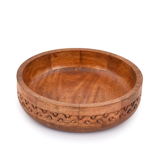 EDHAS Mango Wood Decorative Round Carved Bowl for Decoration, Centerpiece Bowl for Table (10" x 10" x 2.5") - WoodArtSupply