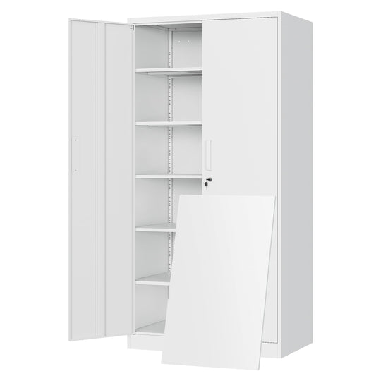 Yizosh Metal Storage Cabinet with Lock - 72" Garage Storage Cabinet with 2 Locking Doors and 5 Adjustable Shelves, White Steel Lockable File Cabinet - WoodArtSupply