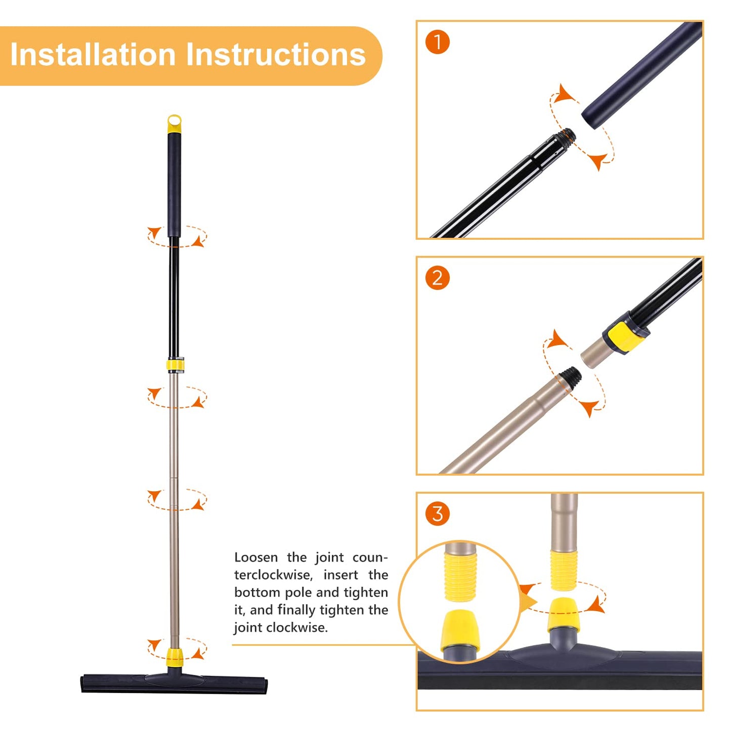 Yocada Floor Squeegee Scrubber Adjustable Telescopic Pole Heavy Duty Household Broom EVA Foam Blade for Garage Courtyard Shower Bathroom Floor Marble - WoodArtSupply