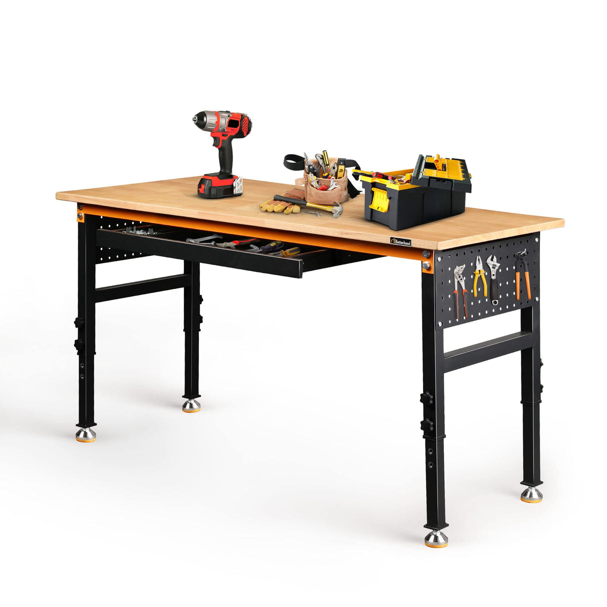 Betterhood 60" Heavy-Duty Adjustable Workbench for Garage, Rubber Wood Shop Table W/Double Pegboards & Drawer,Hardwood Workstation Weight Capacity Betterhood