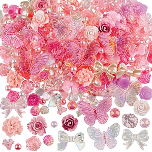 Kikonoke 350 Pieces 3D Resin ABS Colorful Rose Flower Bows Butterfly Charms with Flatback Half Round Pearl Beads for Bracelet Earring Necklace Craft kikonoke