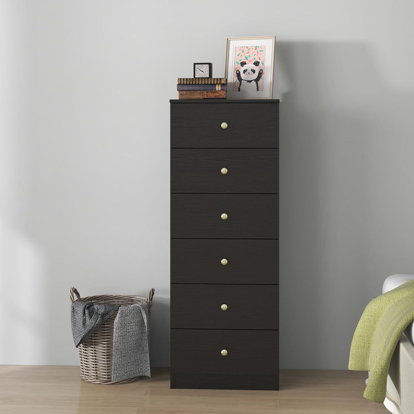 Modern 6 Drawer Vertical Dresser, Wood Tall Chest of Drawers N Arrow Storage Organizer with Wide Drawers & Metal Gold Handles for Bedroom, Living