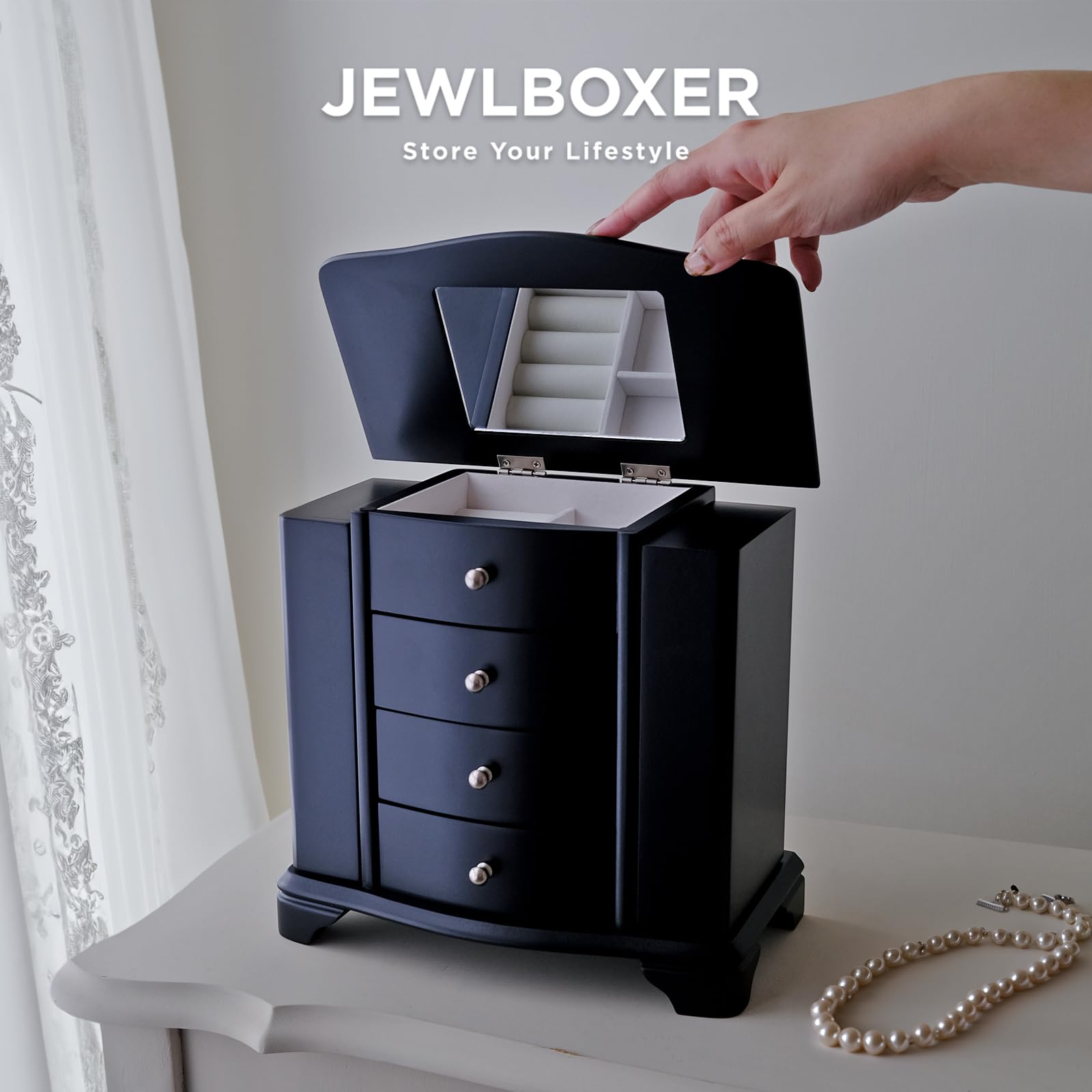 JEWLBOXER Jewelry Organizer –Tower Style Wooden Jewelry Box with 3 Drawers and Large Mirror, Ring, Necklace, and Earring Organizer, Java,BLACK - WoodArtSupply