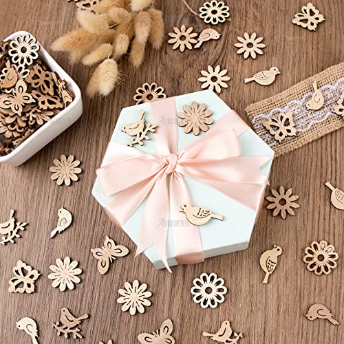 AUEAR, 300 Pack Wooden Embellishments Butterfly Flower Bird Slices Discs Unfinished Wooden Cutouts Wood Ornaments for Crafts DIY Handmade Decoration AUEAR