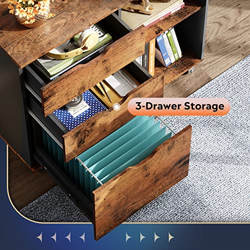 DEVAISE 3-Drawer Wood File Cabinet, Mobile Lateral Filing Cabinet, Printer Stand with Open Storage Shelves for Home Office, Rustic Brown DEVAISE