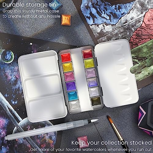 ARTEZA Iridescent Watercolor Paint Set, 12 Metallic Pearl Colors Half-Pans, Brush included, Reusable Glitter Paint, Non-Toxic, Art Supplies for ARTEZA