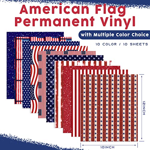 Tintnut American Flag Permanent Vinyl - 10 Sheets 12"x10", USA Flag Patriot Adhesive Vinyl, Independence Day Pattern Self Sticker Waterproof Vinyl Tintnut