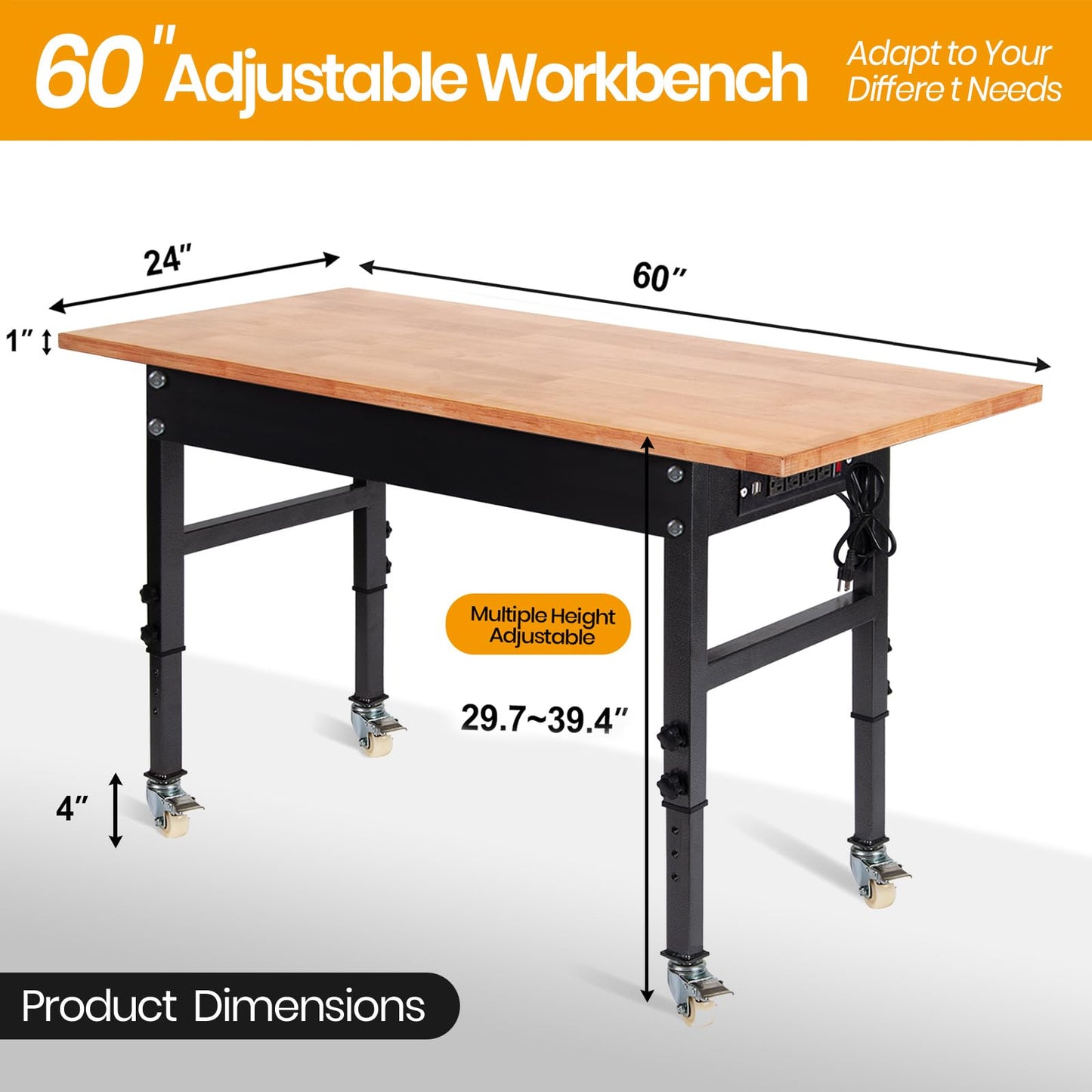 60" Adjustable Work Bench, Rubber Wood Top Heavy-Duty Workbench with Power Outlet with Wheels, 2000 LBS Load Capacity Hardwood Worktable, for Garage,