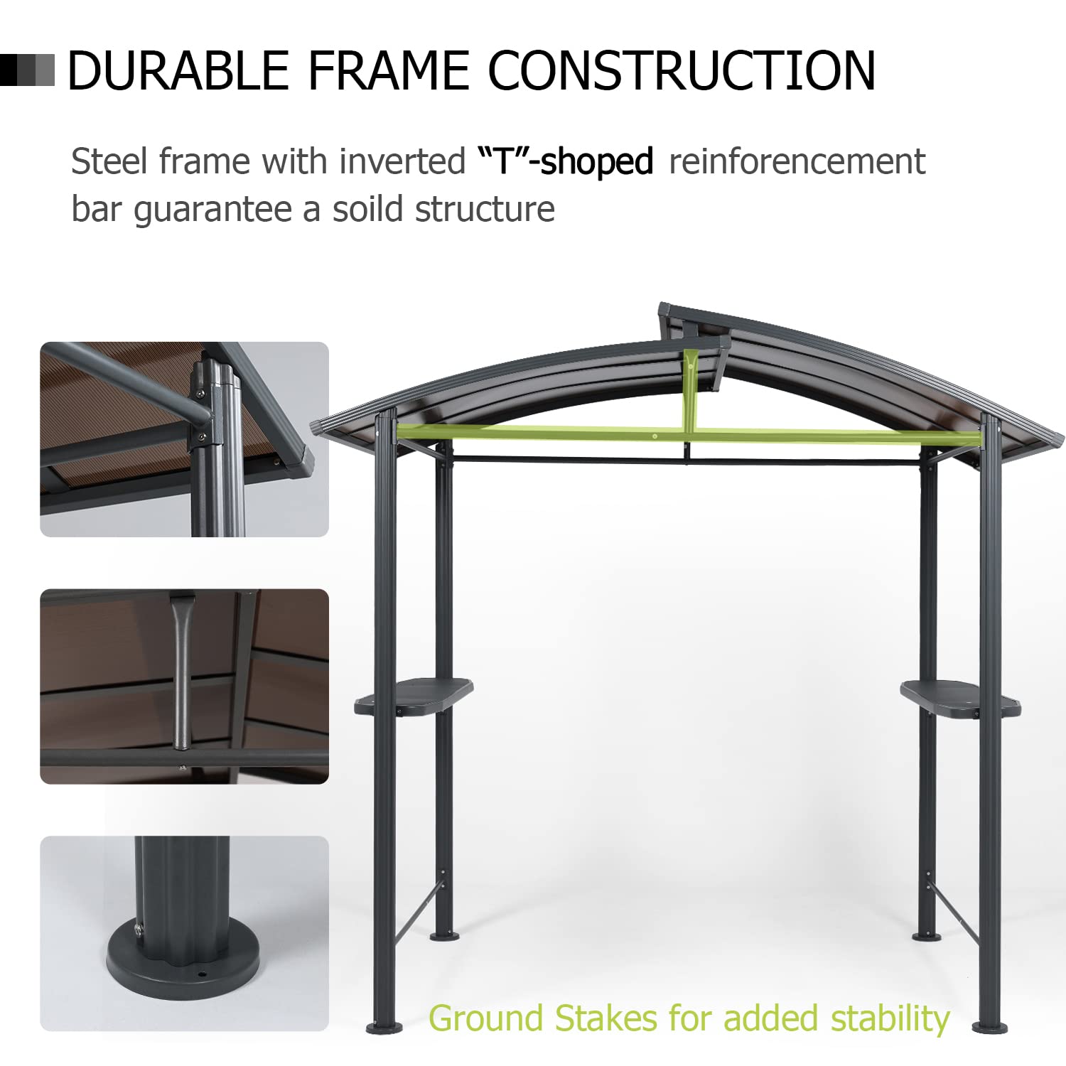 Aoodor 8 x 5 ft. BBQ Grill Gazebo Shelter, Dark Gray Steel Frame and Brown Double-Tier Polycarbonate Top Canopy, with Side Shelves, for Outdoor, Aoodor