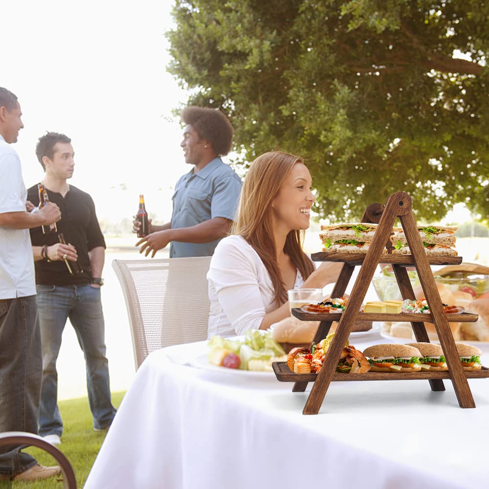 Manspdier Wood 3 Tier Serving Tray Three Tiered Cupcake Stand, Rectangle Serving Platter Wooden Farmhouse, Party Serving Brown Decorative Tray Decor Manspdier