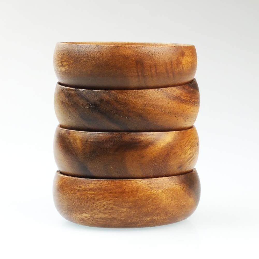 Acacia Handmade Wood Carved Plates - Set of 4 Calabash Bowls Size 4" (Round) BSRN