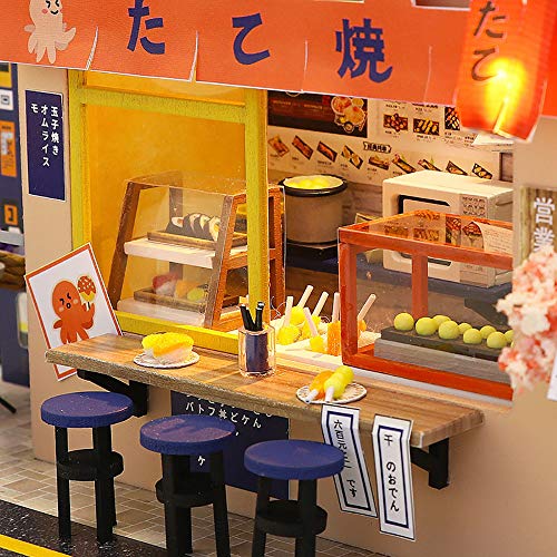 WYD Star Octopus Burning Japanese Style Takoyaki Shop Mini Doll House Kit Assembled LED Light Model Wind and Gift with Dust Cover and Music