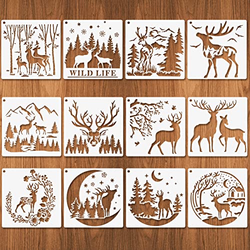 Forest Deer Stencils, 12 Pcs Deer Wood Stencils for Wood Burning, Forest Mountain Moon Tree Deer Reusable Animal Stencils for Painting on Wood Wall