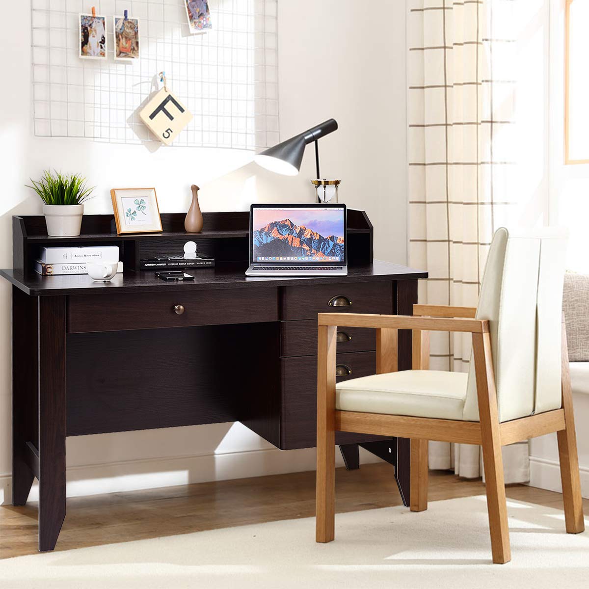 Tangkula Computer Desk with 4 Storage Drawers & Hutch, Home Office Desk Vintage Desk with Storage Shelves, Wooden Executive Desk Writing Study Desk
