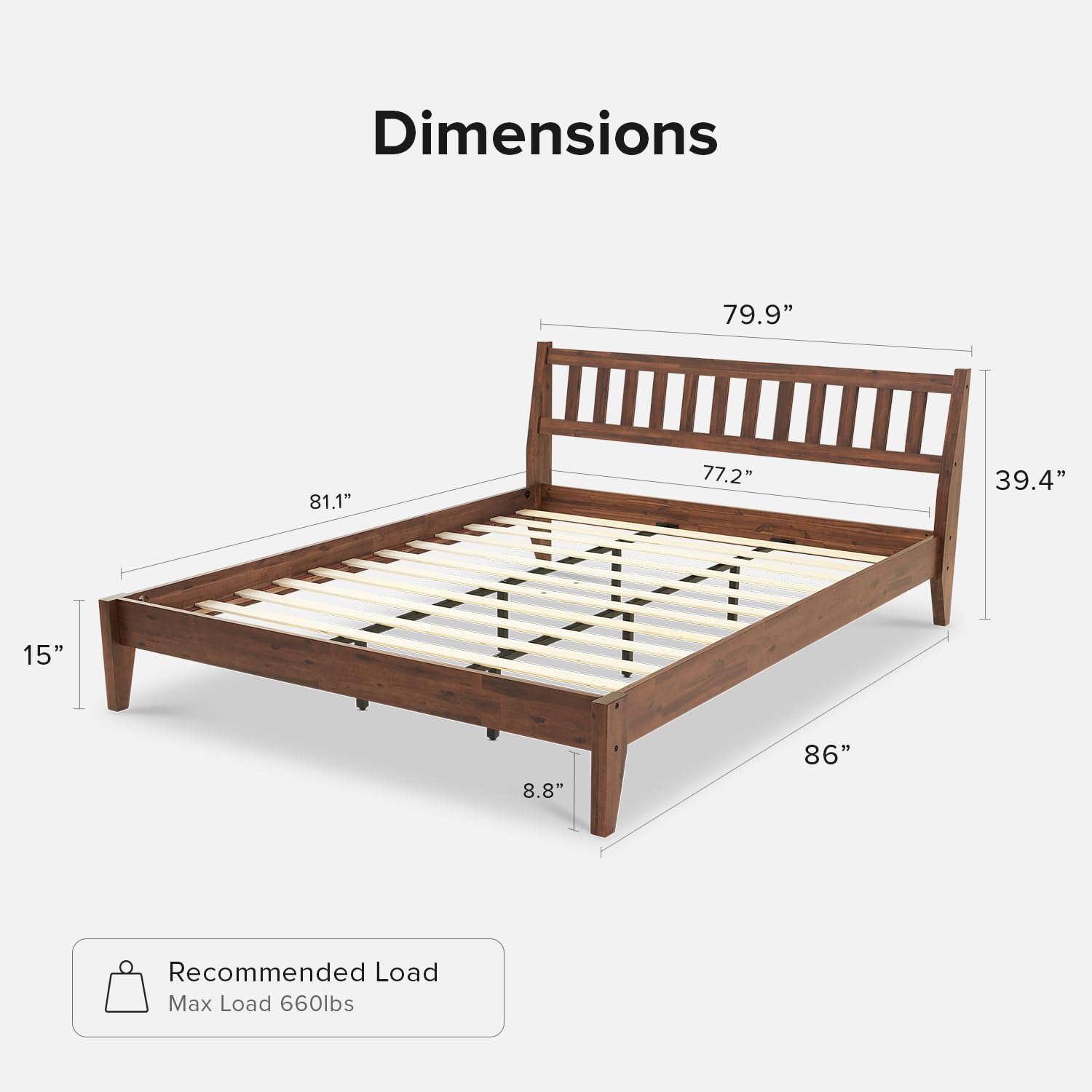Ted King Size Mid Century Modern Acacia Wood Bed Frame with Slated Headboard mopio
