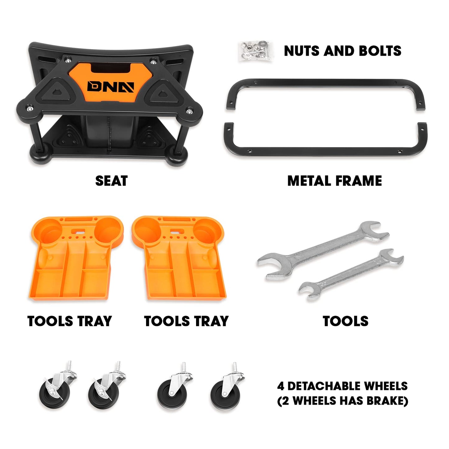 DNA Motoring TOOLS-00189 Mechanic Stool - 25-1/2" x 13" x 12" (L x H x W), Rolling Work Seat w/Lockable Swivel Wheels and Storage Tool Tray - WoodArtSupply