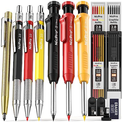 Nicpro 16 Pack Mechanical Carpenter Pencil Set with 42 Refills & Carbide Scribe Tool, Deep Hole Marker Construction Pencils Heavy Duty Woodworking - WoodArtSupply