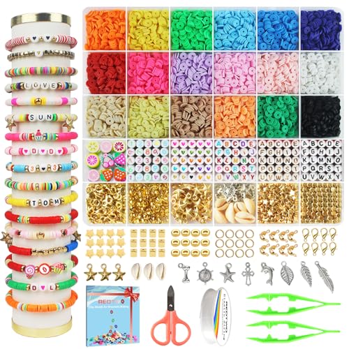 Redtwo 5100 Clay Beads Bracelet Making Kit, Flat Preppy Beads for Friendship Jewelry Making,Polymer Heishi Beads with Charms Gifts for Teen Girls Redtwo