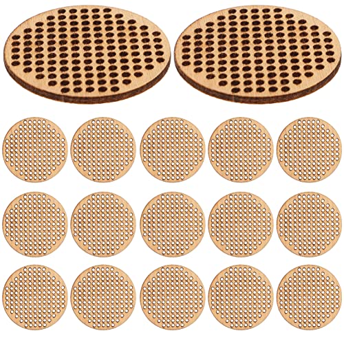 Amosfun 20pcs Circle Wooden Hanging Tags Round Blank Hole Paved Cross Stitch Ornament Crafts for DIY Engraving