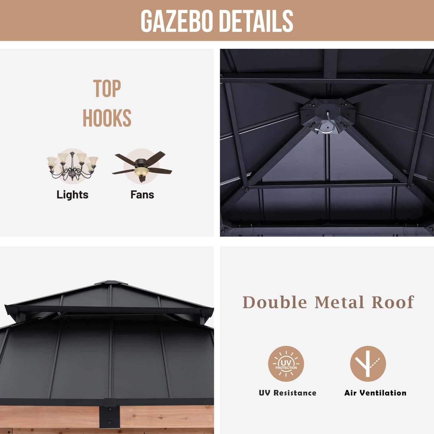 ABCCANOPY Wood Gazebo 11x11 - Outdoor Patio Wooden Gazebo with Hardtop Metal Double Roof for Garden, Backyard and Deck