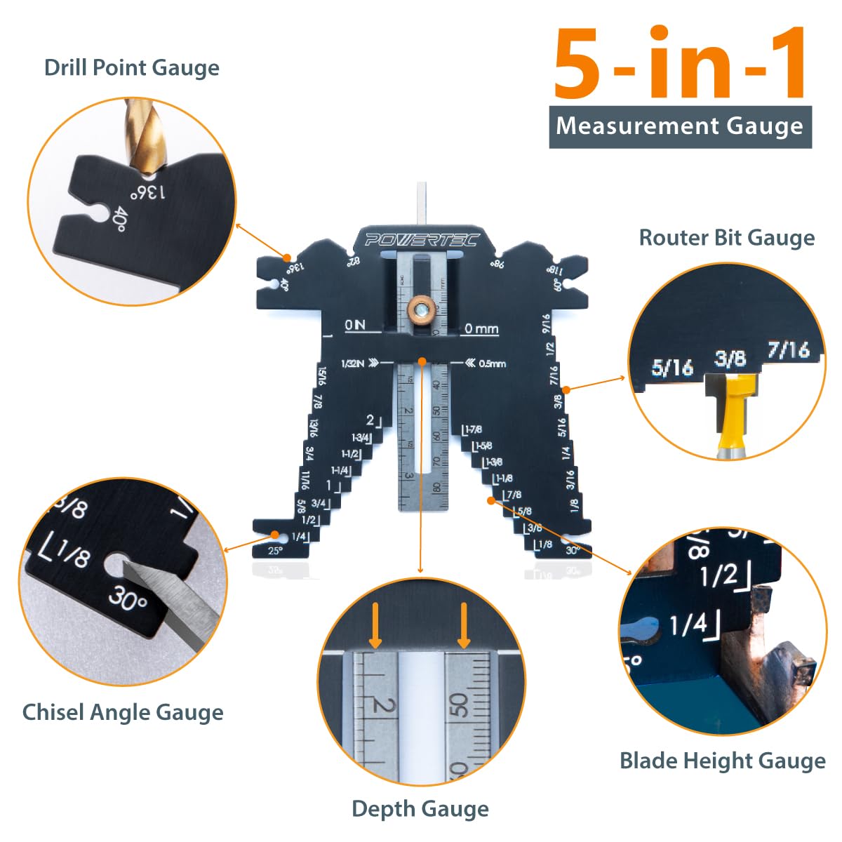 POWERTEC 80023 Universal 5-in-1 Measuring Gauge Woodworking Tool - Drill Point, Chisel Angle, Height, Bit and Depth Gauge for Table Saw Router - WoodArtSupply