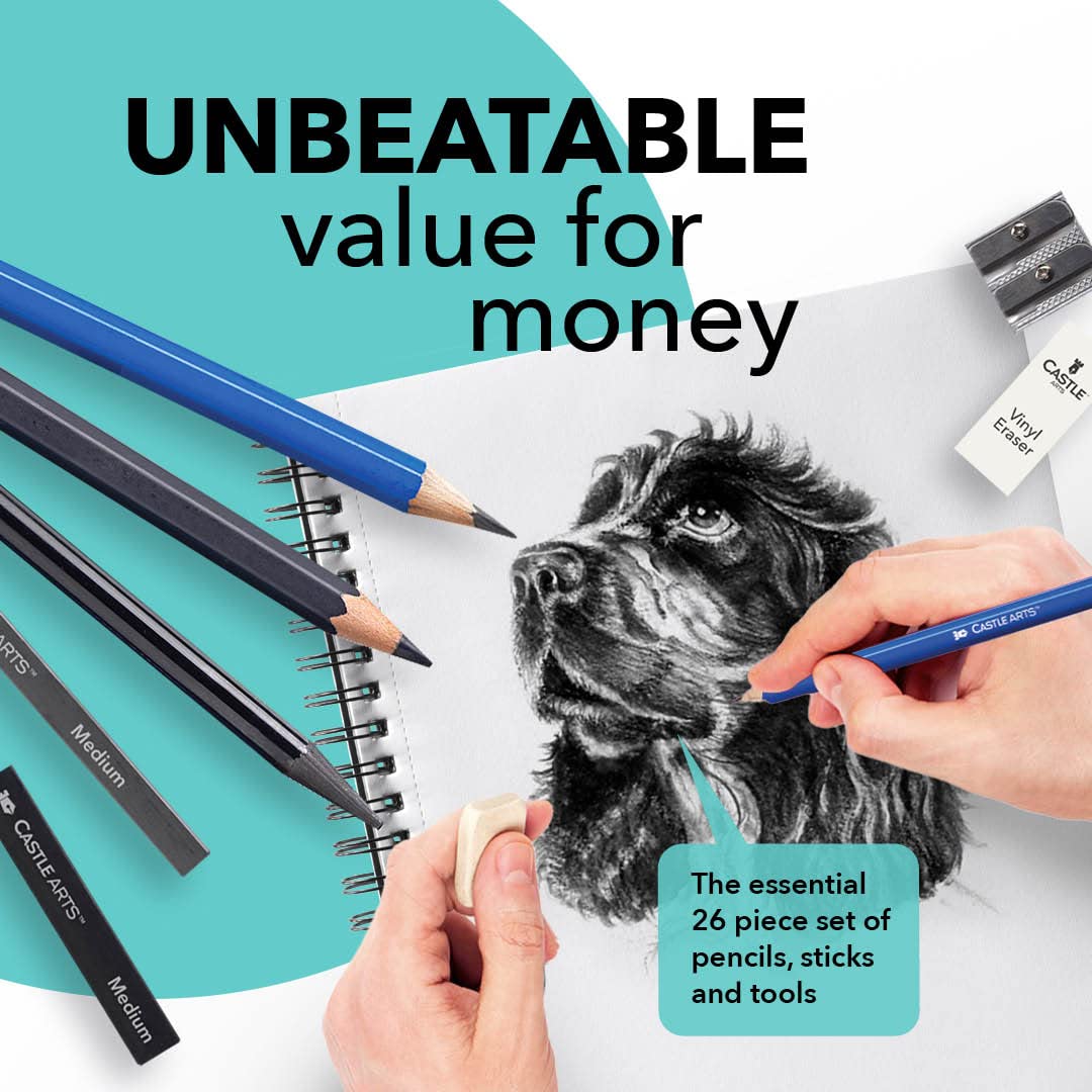 Castle Art Supplies 26 Piece Drawing and Sketching Art Set: Perfect for Beginners, Kids or Any Aspiring Artist - Includes Graphite Pencils and Castle Art Supplies