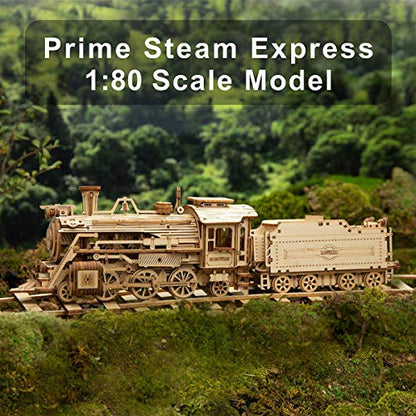 ROKR 3D Wooden Puzzle for Adults-Mechanical Train Model Kits-Brain Teaser Puzzles-Vehicle Building Kits-Unique Gift for Kids on Birthday/Christmas Day(1:80 Scale)(MC501-Prime Steam Express)