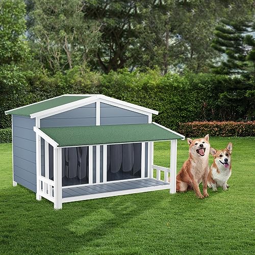 RITSU 47.2" Dog House, Waterproof Dog Kennel, Wooden Outdoor and Indoor Dog House, Log Cabin Style with Porch,Elevated Floor, 2 Doors, Pine Wood + - WoodArtSupply