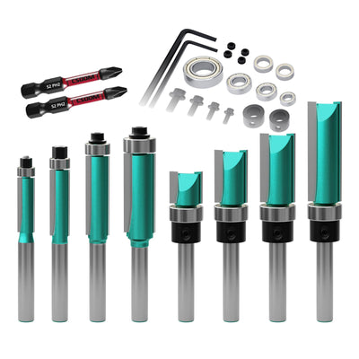 CSOOM 8PCS Router Bits , 4 Flush Trim Router Bits , 4 Pattern Flush Trim Router Bits , with 2 Impact Magnetic Bits , 6 Bearings , 2 Wrenches, Ideal
