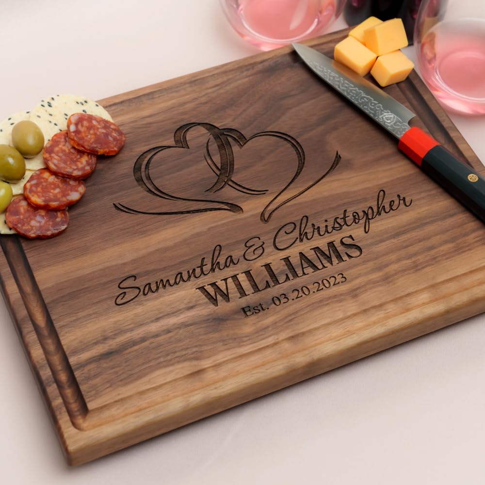 Personalized Cutting Board, Custom Wedding, Anniversary or Housewarming Gift Idea, Wood Engraved Charcuterie, for Newlyweds and Couples, Two Hearts - WoodArtSupply