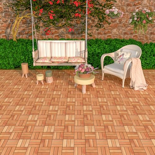 TimberWave Pack of 20 Deck Tiles, Solid Acacia Wood Floor Tiles, Patio Tiles Outdoor Interlocking Waterproof All Weather (12"x12" - 12 Slat, Golden TimberWave