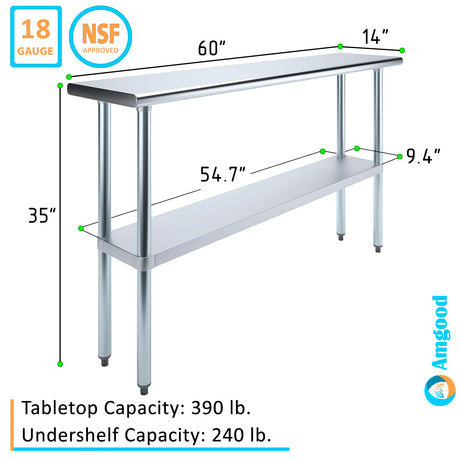 AmGood 14" X 60" Stainless Steel Work Table | Metal Kitchen Food Prep Table | NSF AmGood