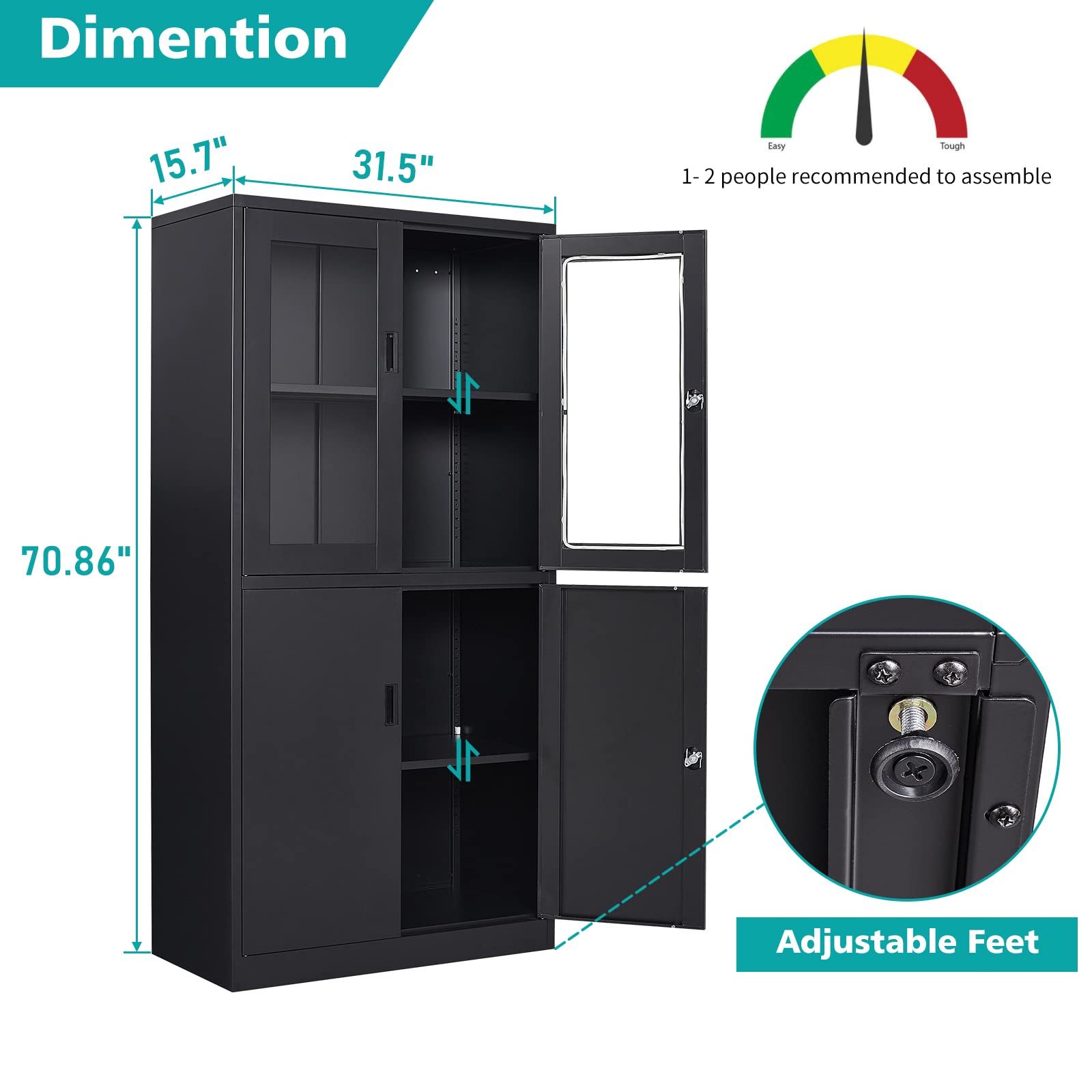 MIIIKO Black Metal Storage Cabinet with Glass Doors, Black Display Cabinet with Adjustable Shelves and Locking Doors, for Home Office, School and - WoodArtSupply