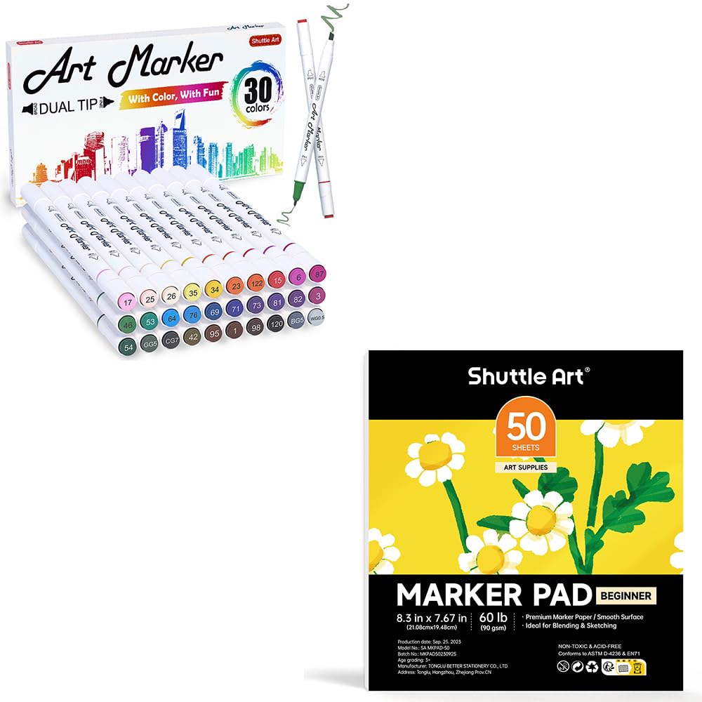 Shuttle Art Alcohol Marker Pad Bundle, Set of 30 Colors Dual Tip Alcohol Markers + 50 Sheets Marker Pad - WoodArtSupply