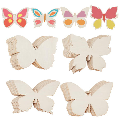 GOMAKERER 48 Pcs Wooden Butterfly Cutouts, 4 Styles Natural Unfinished Butterfly Slices Blank Butterfly Shaped Wood Cutouts Wooden Butterfly GOMAKERER