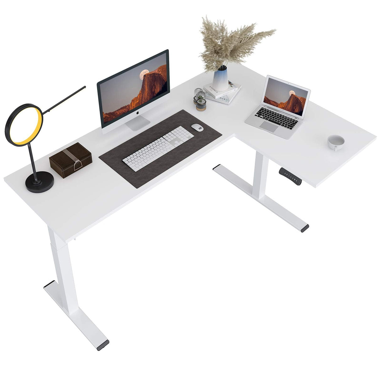FLEXISPOT Pro Corner Desk Dual Motor L Shaped Computer Electric Standing Desk Sit Stand Up Desk Height Adjustable White Desk Home Office Table with FLEXISPOT