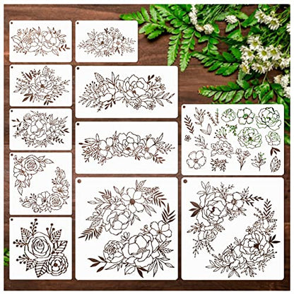 11Pcs Large Flower Stencils for Walls Canvas Fabric Craft, Floral Rose Stencil for Painting on Wood Reusable Magnolia Hibiscus Layering Paint Template for Card Making Acrylic Plastic (11 large flower)