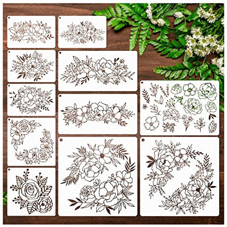 11Pcs Large Flower Stencils for Walls Canvas Fabric Craft, Floral Rose Stencil for Painting on Wood Reusable Magnolia Hibiscus Layering Paint yhslmh