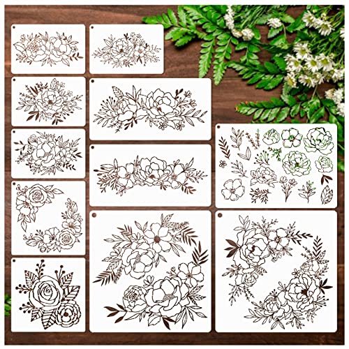 11Pcs Large Flower Stencils for Walls Canvas Fabric Craft, Floral Rose Stencil for Painting on Wood Reusable Magnolia Hibiscus Layering Paint yhslmh