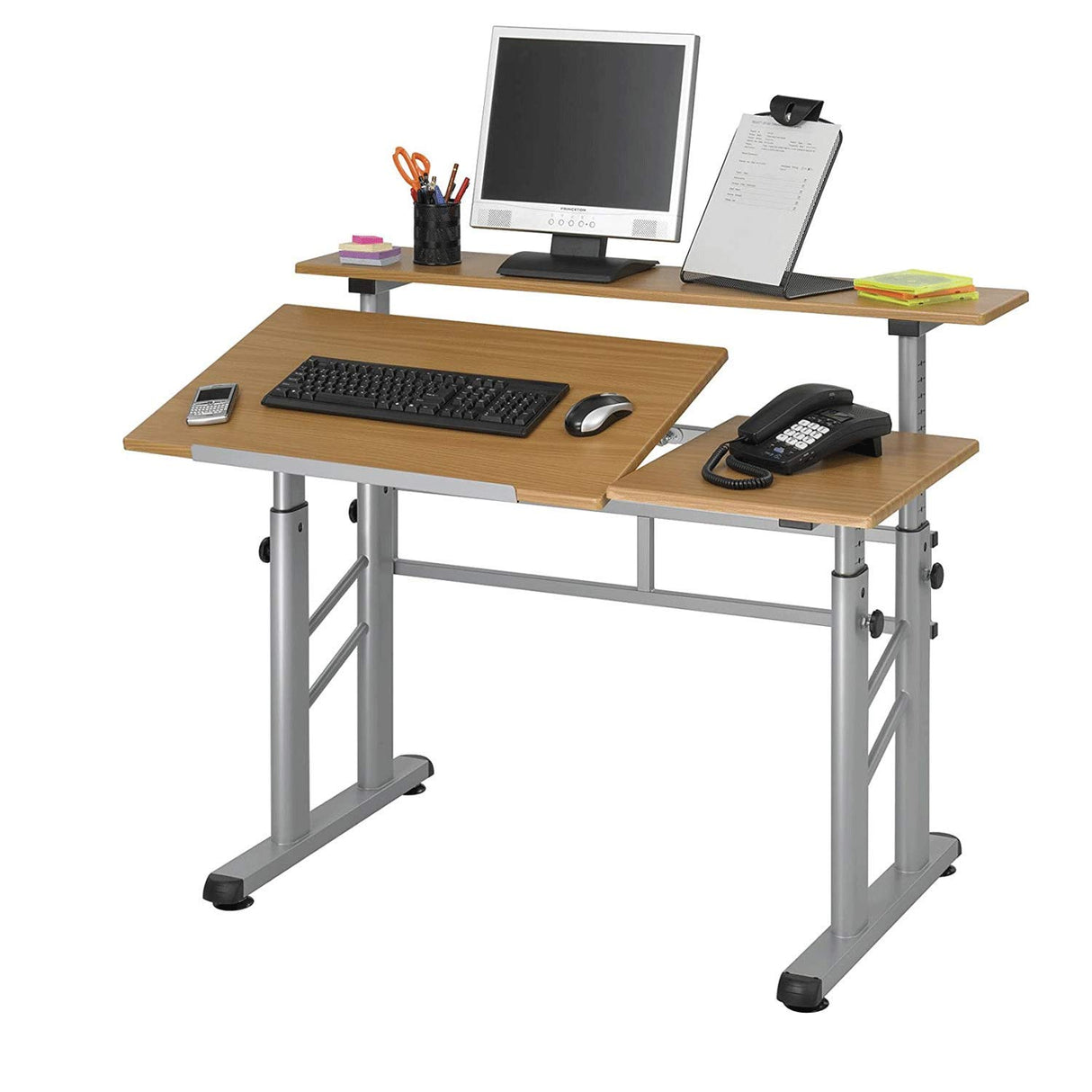 Safco Split-Level Drafting Table Height Adjustable Sit-to-Stand, 29.5" to 37.5", Medium Oak Safco