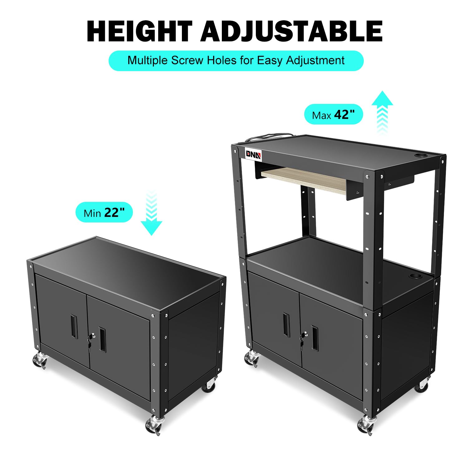 DNA MOTORING Steel AV Cart with Extra Storage Cabinet, 30.8" x 18" x 22"-42" Height Adjustable Rolling Projector Utility Cart, TOOLS-00293 - WoodArtSupply