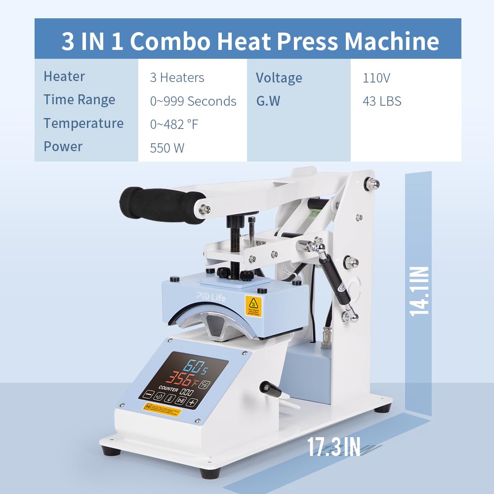 PYD Life 3 in 1 Mini Combo Heat Press Machine for Label Tag 5.8 x 5.8 Inch Light Blue 110 V Cap Hat Heat Press Machine,Sublimation Pens Heat Press PYD Life