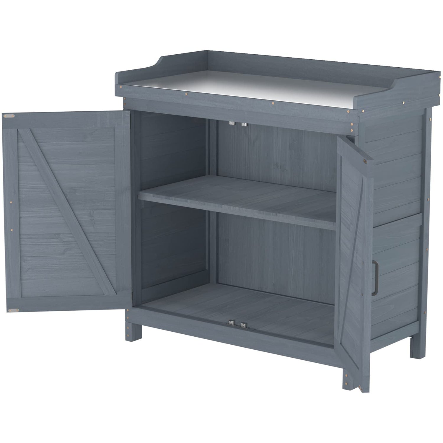 GOOD LIFE USA Outdoor Garden Patio Wooden Storage Cabinet Furniture Waterproof Tool Shed with Potting Benches Outdoor Work Station Table (Gray) GDLF