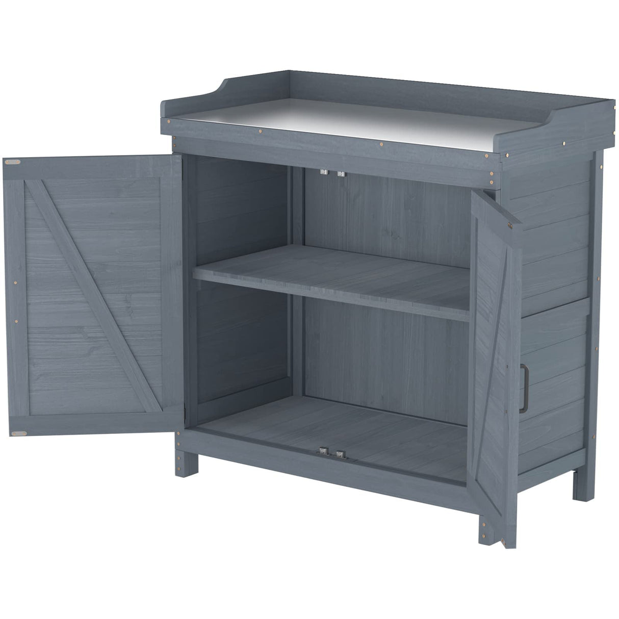GOOD LIFE USA Outdoor Garden Patio Wooden Storage Cabinet Furniture Waterproof Tool Shed with Potting Benches Outdoor Work Station Table (Gray) GDLF